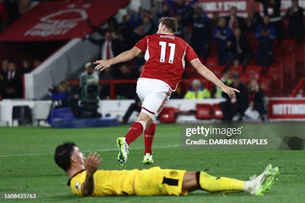 Nottingham Forest's New Zealand striker Chris Wood celebrates after scoring their second goal during the English Premier League football match...