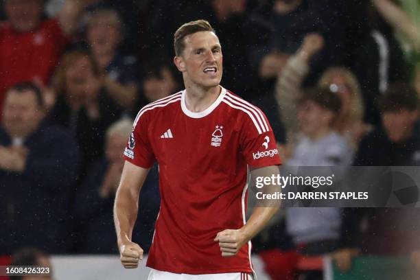 Nottingham Forest's New Zealand striker Chris Wood celebrates after scoring their second goal during the English Premier League football match...