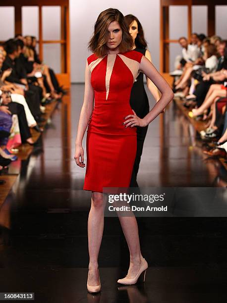 Model showcases designs by Alex Perry during the David Jones A/W 2013 Season Launch at David Jones Castlereagh Street on February 6, 2013 in Sydney,...