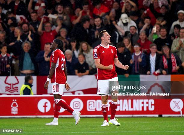 Nottingham Forest's Chris Wood celebrates scoring their side's second goal of the game during the Premier League match at the City Ground,...