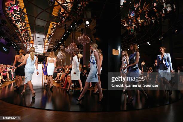 Models showcase designs by Dion Lee on the runway during the finale of the David Jones A/W 2013 Season Launch at David Jones Castlereagh Street on...