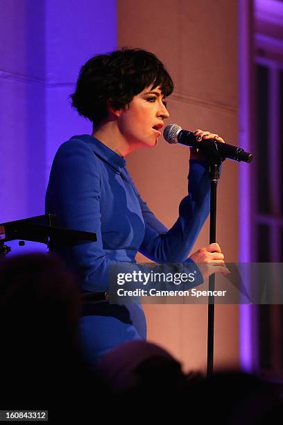 Musician Megan Washington performs during the David Jones A/W 2013 Season Launch at David Jones Castlereagh Street on February 6, 2013 in Sydney,...