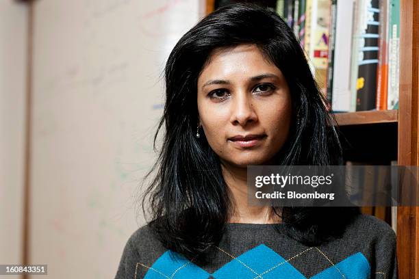 Gita Gopinath, professor of economics at Harvard University, poses for a portrait in her office on campus in Cambridge, Massachusetts, U.S., in...