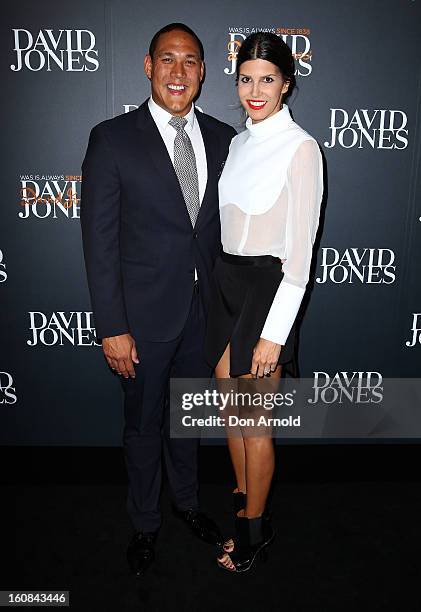 Geoff Huegill and Sara Huegill arrive for the David Jones A/W 2013 Season Launch at David Jones Castlereagh Street on February 6, 2013 in Sydney,...