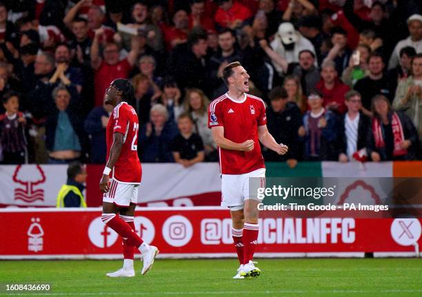 Nottingham Forest's Chris Wood celebrates scoring their side's second goal of the game during the Premier League match at the City Ground,...