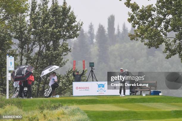 Billy Mayfair of the United States, who finished the day third on the leaderboard at -5, tees off on hole nine on day one of the Shaw Charity Classic...