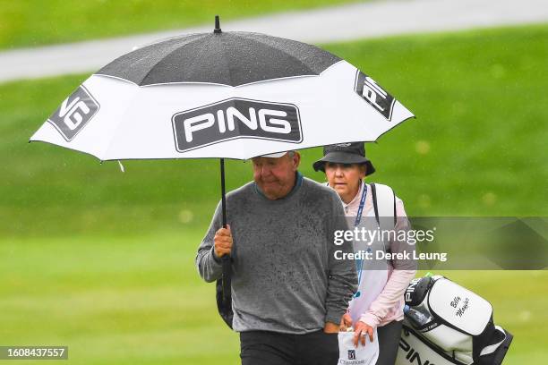 Billy Mayfair of the United States, who finished the day third on the leaderboard at -5, walks the fairway on hole nine on day one of the Shaw...