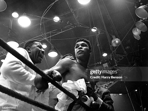 Former heavyweight champion Muhammad Ali is photographed in the ring after defeating Sonny Lison in 1964. PUBLISHED IMAGE HARRY BENSON'S BOOK.