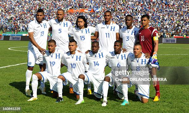 Honduras' national footbal team pose for a photograph, before the start of the Brazil-2014 FIFA World Cup CONCACAF football qualifier against the US...