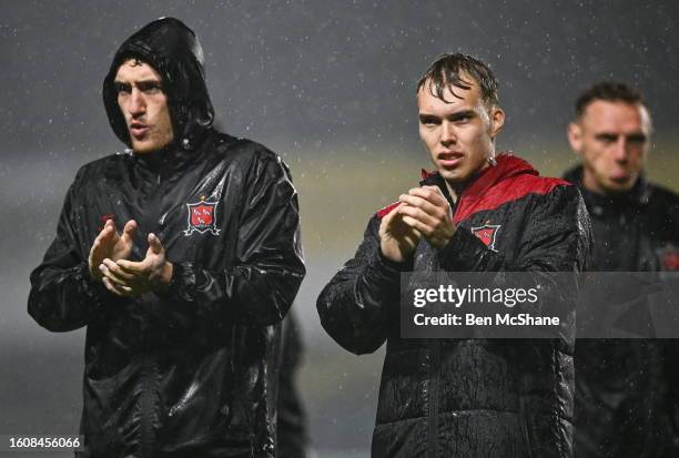 Wicklow , Ireland - 18 August 2023; Johannes Yli-Kokko, right, and John Martin of Dundalk after the Sports Direct Men's FAI Cup Second Round match...