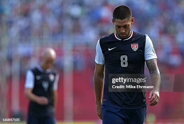 Clint Dempsey of the United States walks off the field during a FIFA 2014 World Cup Qualifier against Honduras at Estadio Olimpico Metropolitano on...