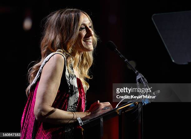 Sarah Jessica Parker speaks at the amfAR New York Gala To Kick Off Fall 2013 Fashion Week at Cipriani Wall Street on February 6, 2013 in New York...