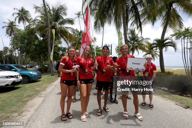 Gold medalist in the Men's and Women's Beach Volleyball Katarina Drozd, Calinda Kok, Andon Kiriakou and Oliver Toomes of Team Canada pose during the...