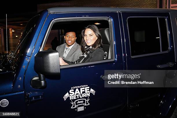 Superbowl champion Baltimore Raven Ray Rice and actress Olivia Munn test drive the Jeep Wrangler Freedom Edition at the launch event for Jeep...