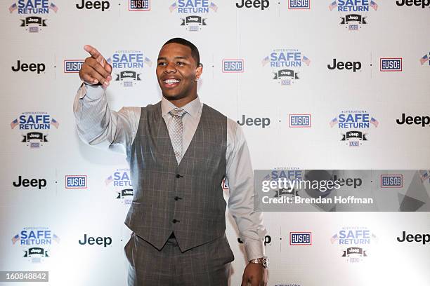 Superbowl champion Baltimore Raven Ray Rice attends the launch event for Jeep Operation Safe Return at the USO Warrior & Family Center on February 6,...