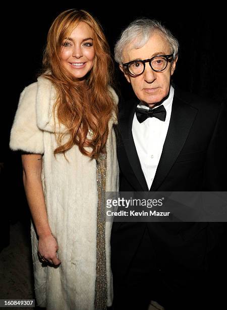 Lindsay Lohan and Woody Allen attend the amfAR New York Gala To Kick Off Fall 2013 Fashion Week at Cipriani Wall Street on February 6, 2013 in New...