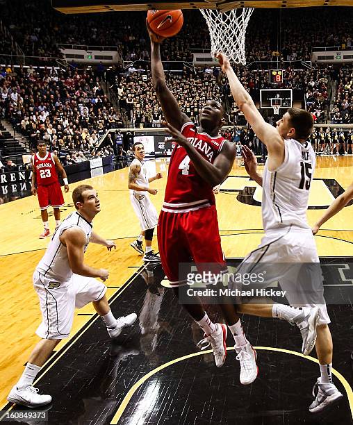 Victor Oladipo of the Indiana Hoosiers shoots the ball against Donnie Hale of the Purdue Boilermakers at Mackey Arena on January 30, 2013 in West...