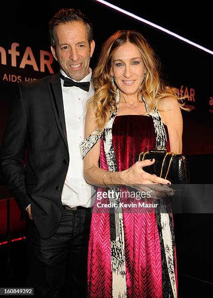 Kenneth Cole and Sarah Jessica Parker pose on stage the amfAR New York Gala To Kick Off Fall 2013 Fashion Week at Cipriani Wall Street on February 6,...