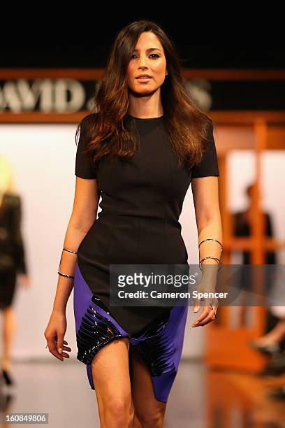 Jessica Gomes showcases designs by Dion Lee on the runway during the David Jones A/W 2013 Season Launch at David Jones Castlereagh Street on February...