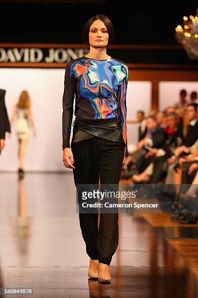 Model showcases designs by Dion Lee on the runway during the David Jones A/W 2013 Season Launch at David Jones Castlereagh Street on February 6, 2013...