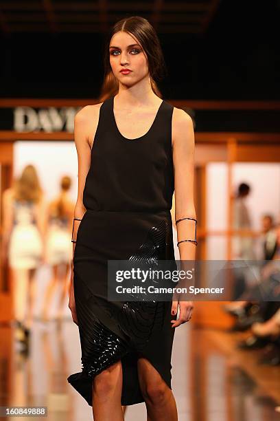 Model showcases designs by Dion Lee on the runway during the David Jones A/W 2013 Season Launch at David Jones Castlereagh Street on February 6, 2013...