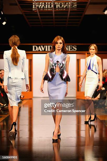 Model showcases designs by Dion Lee on the runway during the David Jones A/W 2013 Season Launch at David Jones Castlereagh Street on February 6, 2013...