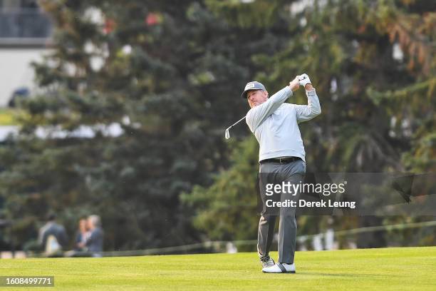 Jeff Maggert of the United States, who finished the day tied for eight on the leaderboard at -3, takes his second shot on day one of the Shaw Charity...
