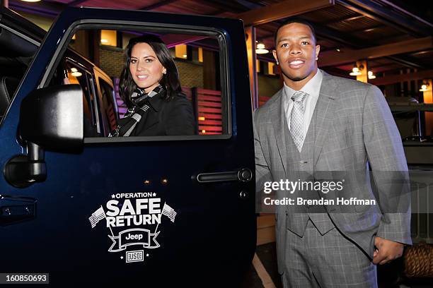 Superbowl champion Baltimore Raven Ray Rice and actress Olivia Munn pose for a picture with the Jeep Wrangler Freedom Edition at the launch event for...