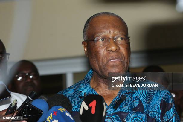 Albert Ondo Ossa, nominated candidate for the Alternance 2023 opposition grouping in Gabon speaks to the media in Libreville on August 18, 2023. The...