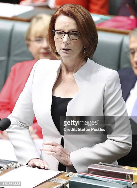 Prime Minister Julia Gillard during House of Representatives question time at Parliament House on February 7, 2013 in Canberra, Australia. Parliament...