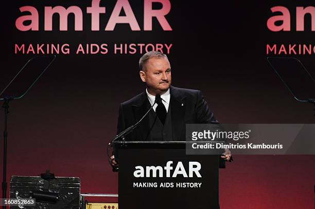 AmfAR CEO Kevin Robert Frost speaks onstage at the amfAR New York Gala to kick off Fall 2013 Fashion Week at Cipriani Wall Street on February 6, 2013...