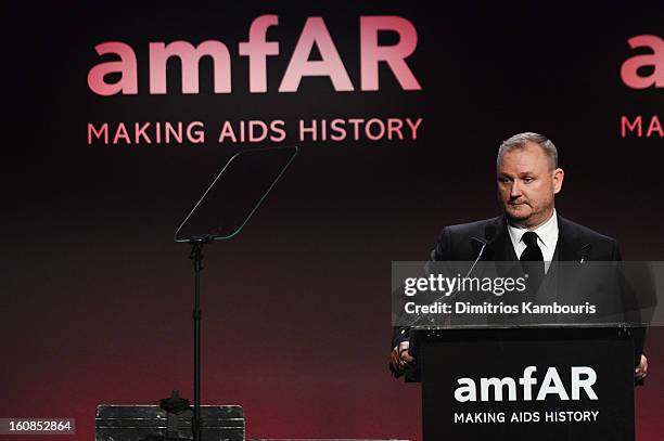 AmfAR CEO Kevin Robert Frost speaks onstage at the amfAR New York Gala to kick off Fall 2013 Fashion Week at Cipriani Wall Street on February 6, 2013...