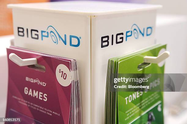 Telstra Corp. BigPond gift cards are displayed for sale at a Telstra retail outlet in Melbourne, Australia, on Thursday, Feb. 7, 2013. Telstra Corp.,...