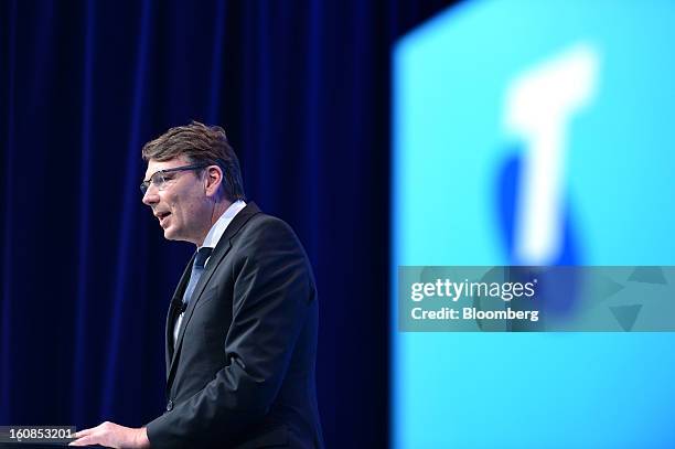 David Thodey, chief executive officer of Telstra Corp., speaks during a news conference at the company's headquarters in Melbourne, Australia, on...