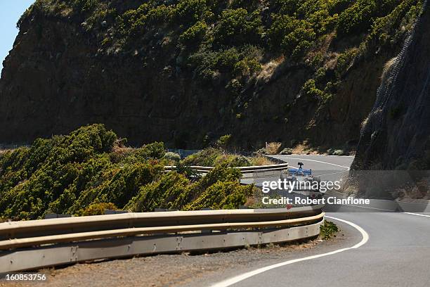 Cameron McConville drives the two seater formula one car on the Great Ocean Road on February 7, 2013 in Kennett River, Australia.