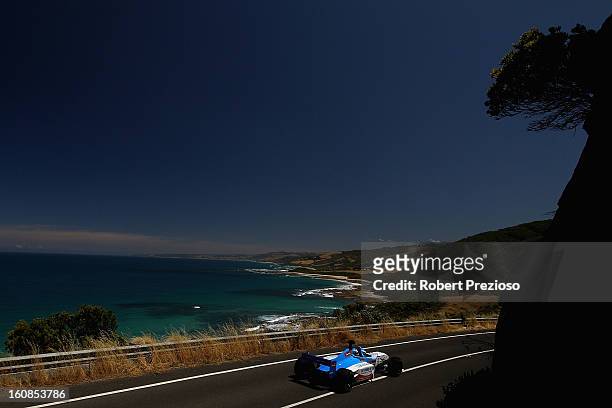 Cameron McConville drives the two seater formula one car during the filming of a Television advertisment on the Great Ocean Road on February 7, 2013...