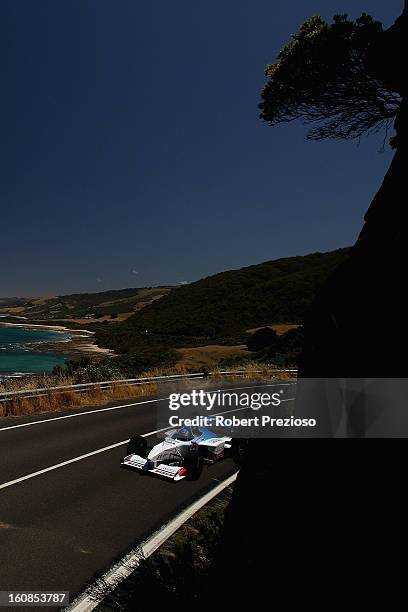 Cameron McConville drives the two seater formula one car during the filming of a Television advertisment on the Great Ocean Road on February 7, 2013...