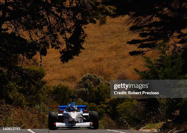 Cameron McConville drives the two seater formula one car during the filming of a Television advertisment on the Great Ocean Road on February 7, 2013...