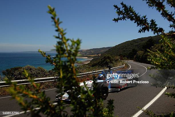 Cameron McConville drives the two seater formula one car during the filming of a Television advertisment on the Great Ocean Road on February 7, 2013...