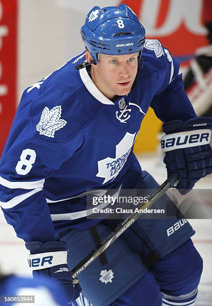 Mike Komisarek of the Toronto Maple Leafs skates in the warm-up prior to a game against the Carolina Hurricanes on February 4, 2013 at the Air Canada...