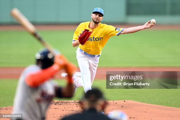 Chris Sale of the Boston Red Sox pitches against the Detroit Tigers during the first inning at Fenway Park on August 11, 2023 in Boston,...