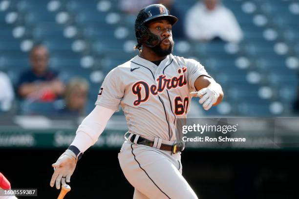 Akil Baddoo of the Detroit Tigers hits a double against the Cleveland Guardians during the fifth inning of game one of a doubleheader at Progressive...