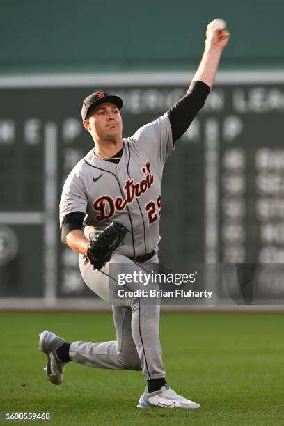 Tarik Skubal of the Detroit Tigers throws warm up pitches before a game against the Boston Red Sox at Fenway Park on August 11, 2023 in Boston,...