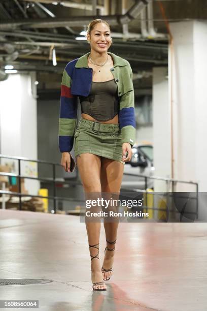 Shakira Austin of the Washington Mystics arrives to the arena before the game against the Indiana Fever on August 18, 2023 at Gainbridge Fieldhouse...