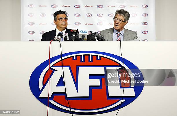 Andrew Demetriou and AFL Commission Chairman Mike Fitzpatrick address the media after the Australian Crime Commission released a report on drugs and...