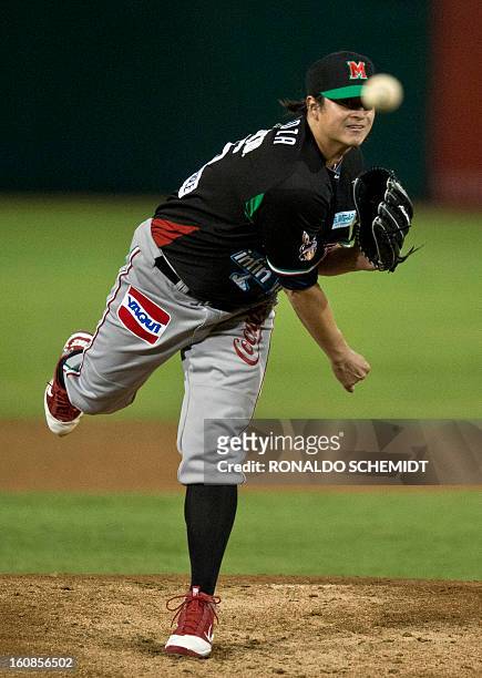 Luis Mendoza of Yaquis de Obregon of Mexico pitches against Criollos de Caguas of Puerto Rico during the 2013 Caribbean baseball series on February...