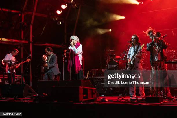 Jim Glennie, Saul Davies, Tim Booth, Chloe Alper and Andy Diagram of James perform during South Facing Festival at Crystal Palace Park on August 11,...