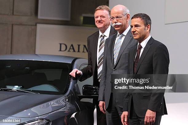 The Daimler Board of Directors Andreas Renschler , Bodo Uebber , and CEO of Daimler AG, Dieter Zetsche are seen during the company's financial...