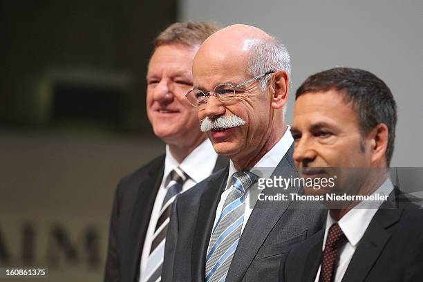 The Daimler Board of Directors Andreas Renschler , Bodo Uebber , and CEO of Daimler AG, Dieter Zetsche are seen during the company's financial...