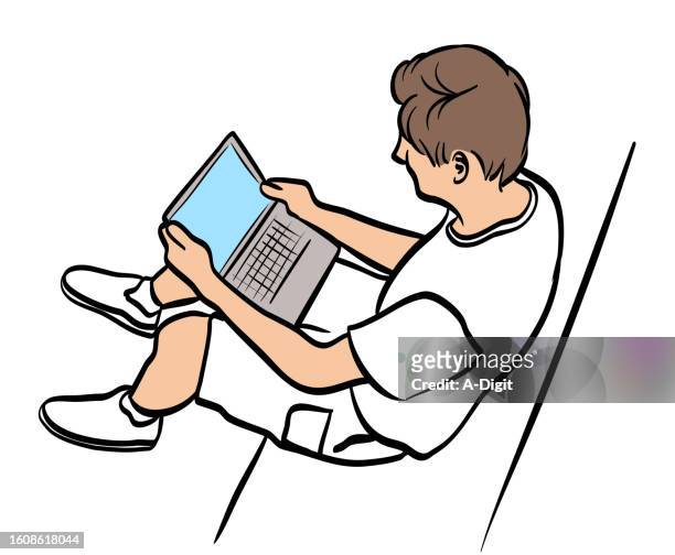 teenager auf laptop overhead shot weiß - authentic stock-grafiken, -clipart, -cartoons und -symbole